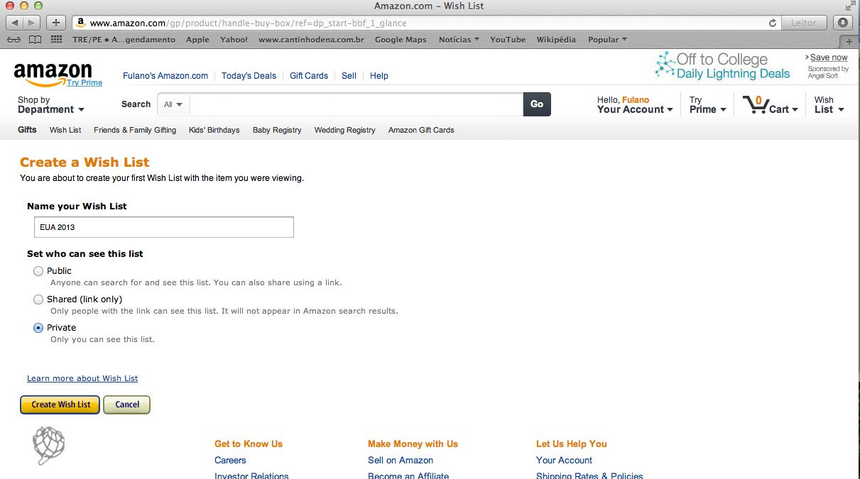 tela Amazon wish list criar