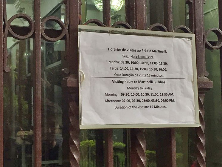 Horários de visitação do Edifício do Martinelli