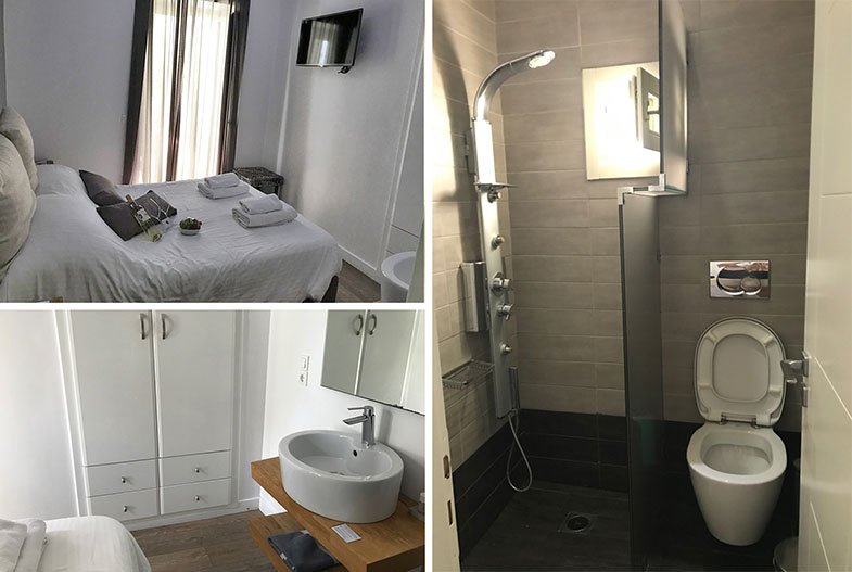 Quarto e banheiro do hotel em Mykonos