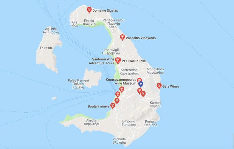 Vinícola em Santorini mapa