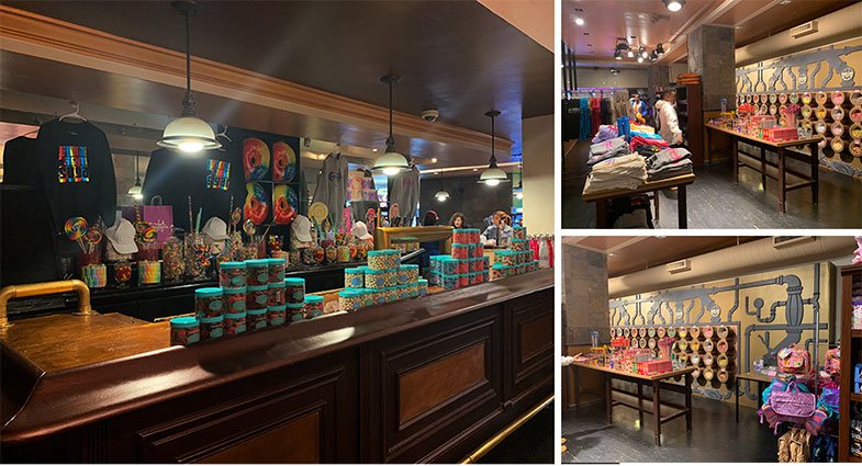 Vimos reproduções de quadros e pôsteres de artistas todos feitos com doces e emoldurados que poderiam estar na parede de qualquer casa. Esculturas que pareciam ser feitas de ceras de tão perfeitas, mas eram de balas, confetes, chocolates e variados tipos de doces.